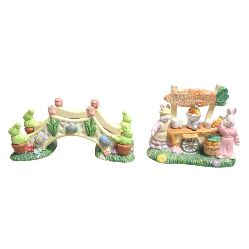 Set/2 Hoppy Hollow 2002 Easter Bunnies Accessories Bridge/Carrot Juice Stand